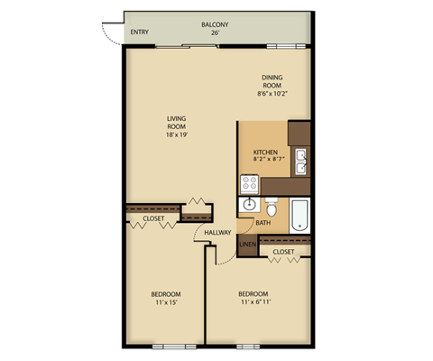 A floor plan of an apartment with a living room, dining room, kitchen, two bedrooms, and a balcony.